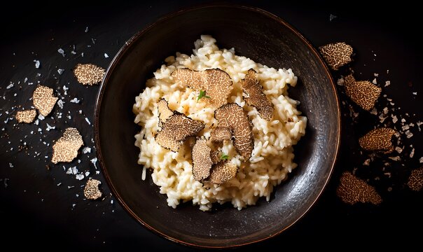 Risotto infused rich truffle oil and parmesan clean professional stock photo sharp macro photography style cinematic realism ultra photorealistic no text no watermark