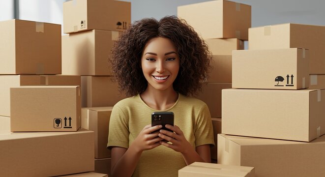 Smiling woman uses mobile phone surrounded by cardboard boxes