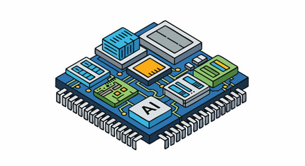 Obraz premium Isometric AI processor chip on a blue circuit board illustration.