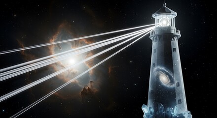 Lighthouse emitting light beams against a dark cosmic sky background