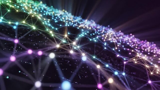 Abstract futuristic data flow visual with neon lights and digital network connection across dark background