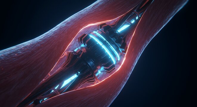 Futuristic digital illustration of a mechanical structure and biological tissue