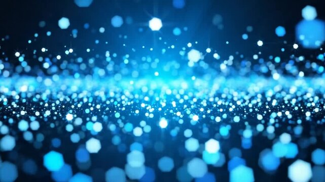 Abstract background of glowing blue bokeh lights with floating particles in an endless futuristic scene
