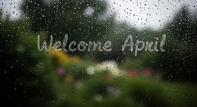 welcome april handwritten on rainy window with spring blooms