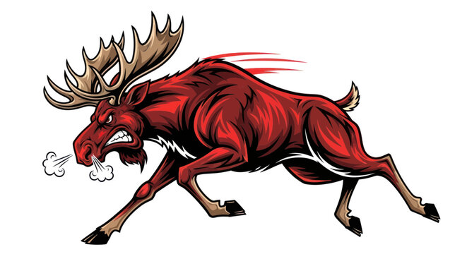 Angry Moose Running with Steam from Nostrils, Aggressive Wild Animal Illustration