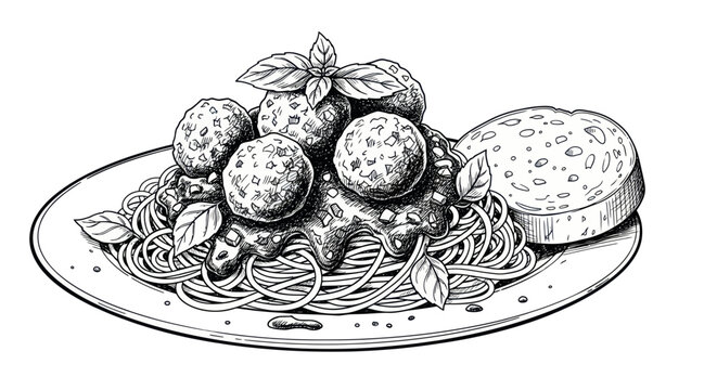 Hand-drawn Spaghetti with Meatballs and Garlic Bread Sketch