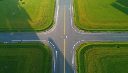 Fototapeta premium Aerial view of airport runway intersection surrounded by vibrant green fields. Asphalt paths with white and yellow lines guide aircraft for takeoff and landing.