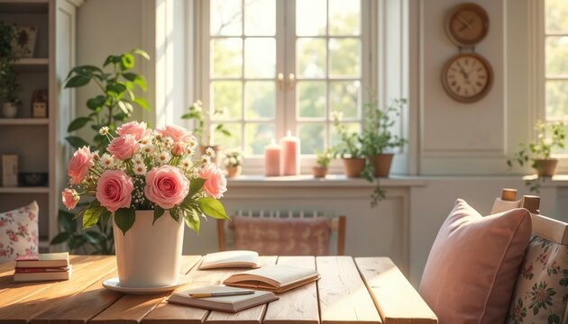 Softly lit cozy room with wooden table. Pink roses in vase, open books on table. Large window lets in sunlight, plants on windowsill add life.