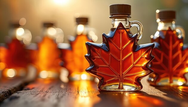 Amber syrup fills maple leaf glass bottles arranged on wooden surface. Warm sunlight reflects off liquid. Bottles have wooden caps and small handles. Collection of sweet natural amber colored syrup.
