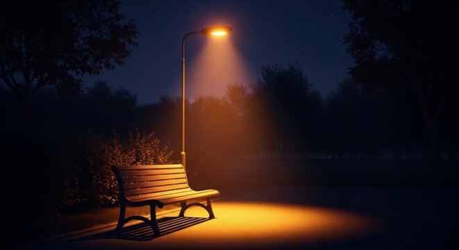 A lonely wooden bench sits under the glow of a streetlight in a dark park at midnight, evoking a mood of quiet restlessness and silence, light, autumn, hazy