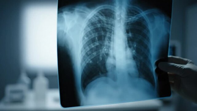 Examining a chest X-ray in a medical setting, showing the lungs and ribcage to evaluate patient health