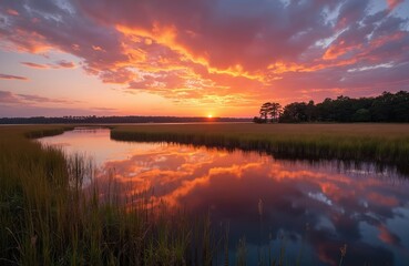 Fototapeta premium Dramatic sunset colors reflect on calm water of marshland. Tall grasses line winding river leading to distant trees and ocean horizon under vibrant sky.