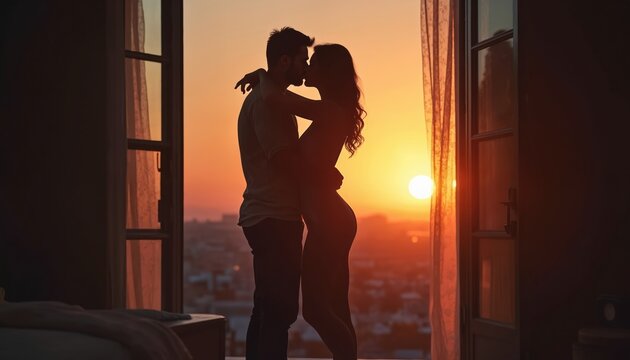 Silhouette couple kiss embrace near window at sunset. Passionate lovers share tender moment on romantic city balcony, enjoying warm evening glow, intimate feelings.