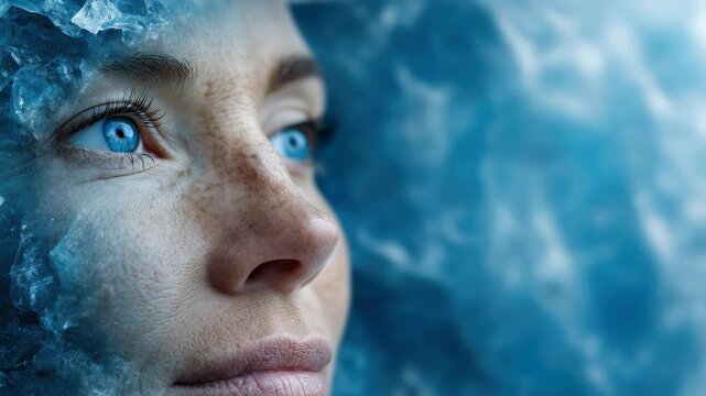 60 FPS close up profile of blue eyed woman framed by ice crystals with cold breath haze