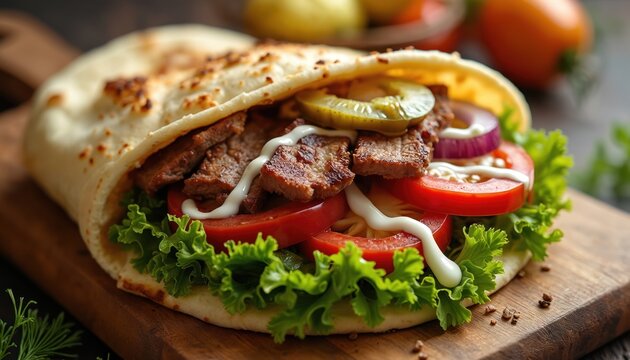 Doner kebab wrap with grilled meat fresh lettuce tomato onion and pickles drizzled with white sauce. Delicious street food meal served on wooden board. Tasty snack.