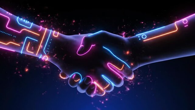 Futuristic digital handshake with glowing neon data streams showing a business agreement. Technology partnership, ai collaboration and innovation in the virtual metaverse