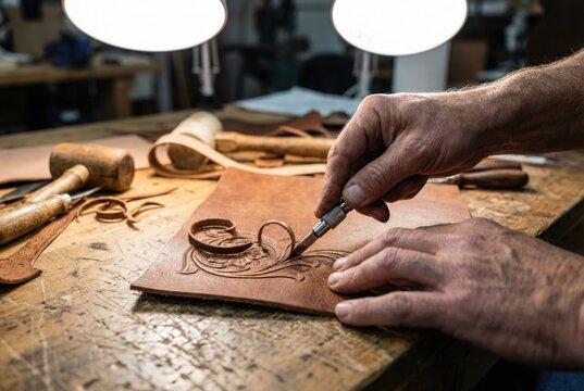 Artisan using a swivel knife to hand tool an intricate floral design into brown leather