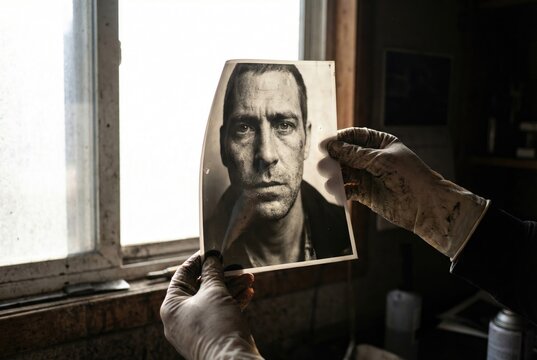 Photographer holding up a wet black and white portrait print inside a darkroom