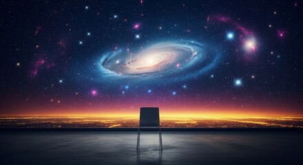 Fototapeta premium The quiet midnight air fills a terrace where a solitary seat faces the vast celestial cosmos above a distant glowing urban city horizon, midnight, mood, balcony