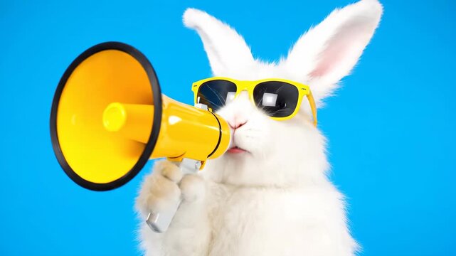 A cool white easter bunny wearing stylish yellow sunglasses shouts into a megaphone. Funny animal character making a loud announcement for a sale or special promotion