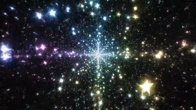Abstract cosmic starry tunnel with sparkling colorful starburst lights, universe background, endless depth, and space travel