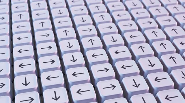 Vast grid of computer keys with arrows pointing in random directions. Concept for decision making, choices, confusion, chaos, overwhelm, info overload, misalignment, pivoting, flexibility, agility