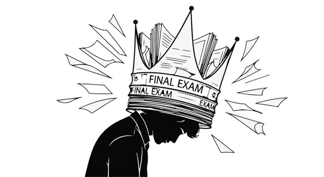 Stressed student with crown and final exam text