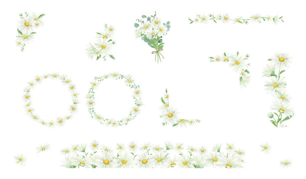 Watercolor daisy and marguerite floral frame bundle set with bouquets, wreaths, borders, and corner elements for wedding invitations-300dpi-