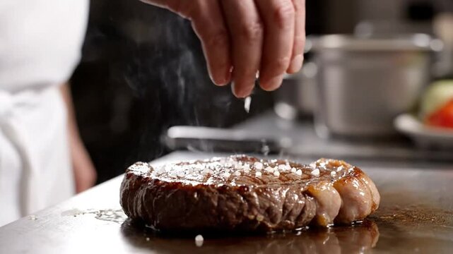 Chef seasons a juicy seared steak with coarse salt on a stainless steel cooking surface, close-up shot
