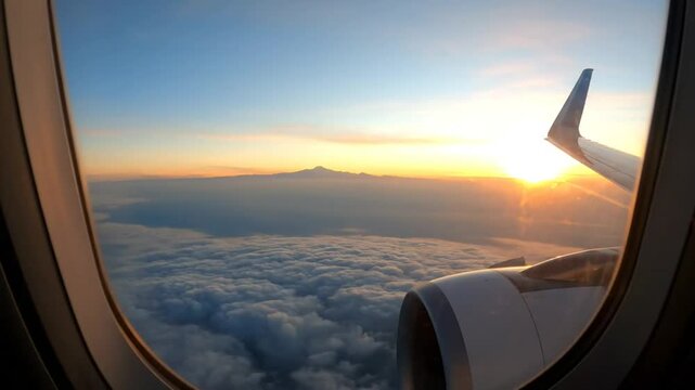 Scenic view of a breathtaking sunrise above the clouds seen through an airplane window with the wing and engine visible