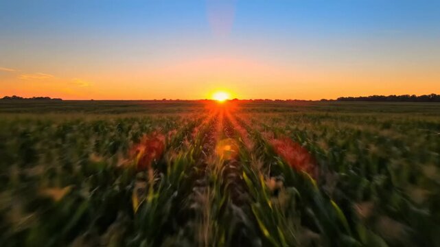 Epic golden sunset over vibrant cornfield with rays of sunlight filtering through the rows, creating a magical atmosphere