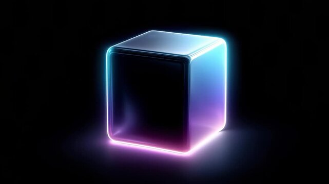 Glowing neon glass cube rotating on black background cyan magenta rim light 3D render 60 FPS
