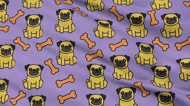 Adorable Pug Pattern featuring cute cartoon pugs and bones on a purple fabric background, perfect for textile design and pet-themed branding.