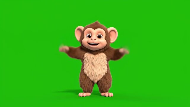 Adorable 3D Animated Monkey Dancing with fluffy brown fur and happy expression on a green screen background, perfect for children's educational content and video editing projects.