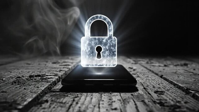 Black and white still life of a smartphone on a rough wooden surface with a glowing padlock overlay representing security