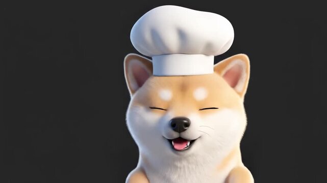 Adorable Shiba Inu Chef wearing a white toque against a dark background for culinary and pet-themed content. Video.