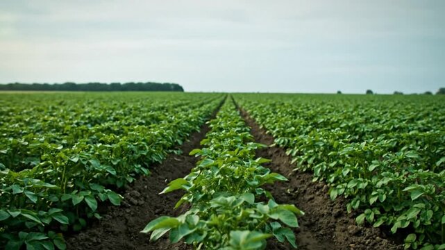 Scenic perspective of a lush green potato field on a cloudy day with rows of plants