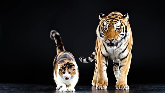Majestic Comparison of a Domestic Calico Cat and a Bengal Tiger Prowling Together for Wildlife Concepts.