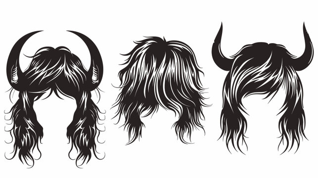 Vector graphic of three black & white hairstyles, two with horns, on a white background