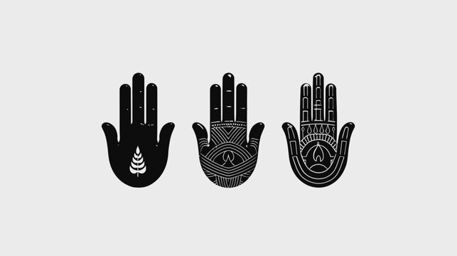 Three hamsa hands with different patterns, in black against a light gray background
