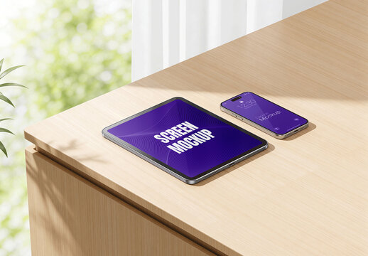 Tablet And Phone On Desk Mockup