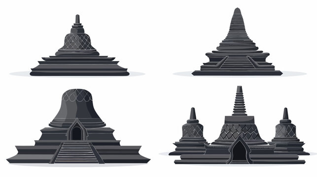 Four stylized, monochromatic temples/stupas with steps and differing architectural styles