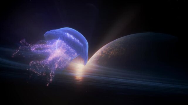 A bioluminescent jellyfish drifts through the cosmos near a ringed planet, its tentacles trailing sparkling particles in this stunning 3D render.