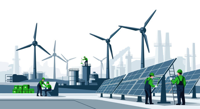 Workers installing solar panels outdoors.