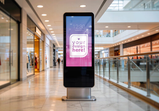 A Vertical Digital Signage Totem In A Shopping Mall Mockup