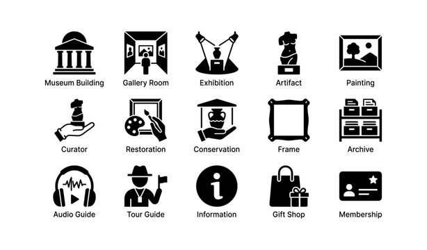 Museum icon set featuring gallery, artifacts, and visitor amenities
