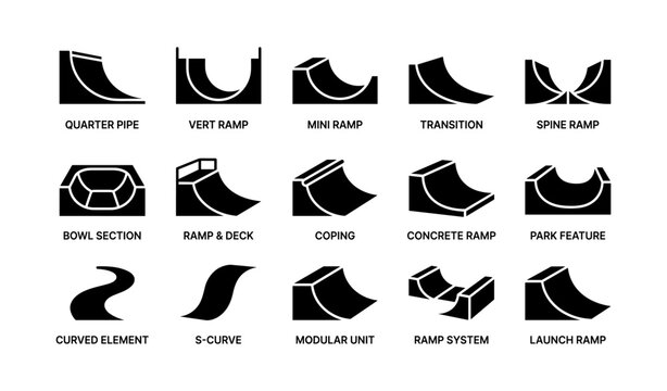 Skate park ramp and structure icons: quarter pipe, vert ramp, mini ramp, spine ramp