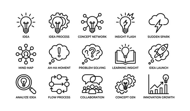 Innovation and problem solving icon set with light bulbs and gears