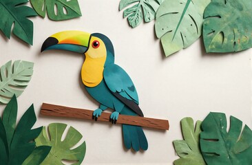 Fototapeta premium Vibrant toucan perches on branch surrounded by lush green tropical