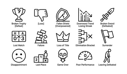 Fototapeta premium Icons of failure and defeat: trophy, loss, shield, downward trend, broken sword, blocks, crown, flag